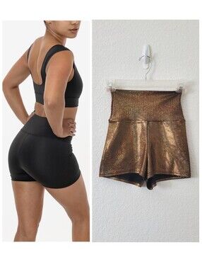 American Apparel Gold Holographic Sparkly High Rise Bike Shorts XS Made in USA